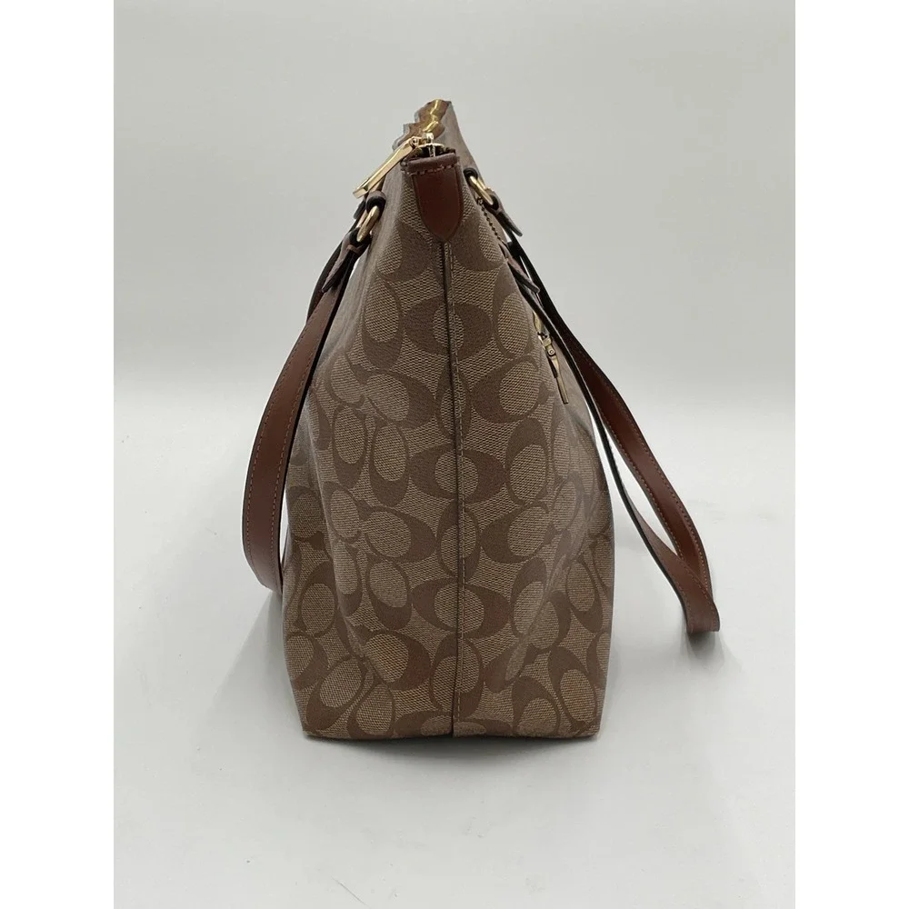 Coach Signature Zip Top Tote Bag Brown Khaki Canvas Leather Shoulder Purse